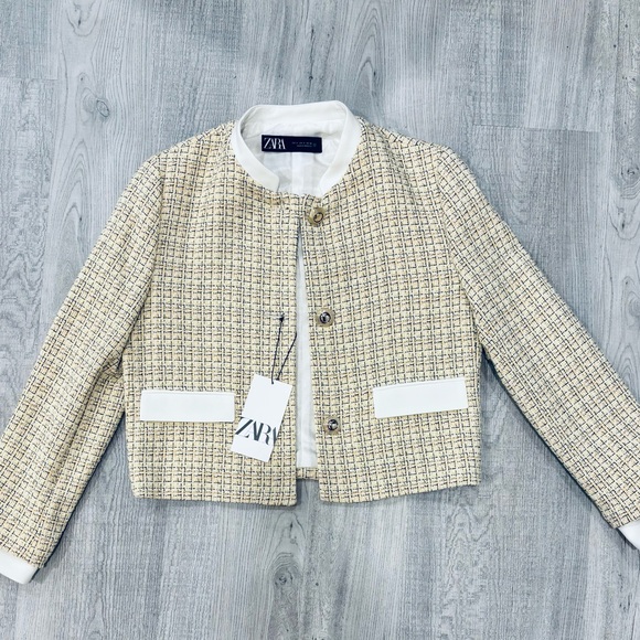 NWT Zara Textured Cropped Tweed Gold Blazer Jacket Small - Picture 4 of 10